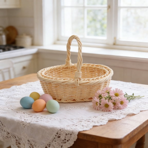 Weaving Easter Tote Basket Decor, Handwoven Storage Basket Ornament, Small Item Organizer Bin, Spring Easter Decor for Home Party Gift Table Desktop Use
