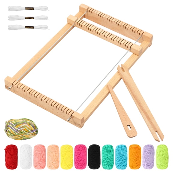 Wooden Weaving Loom Kit with Yarn 11.4 x 7.5 Inch Beech Wood Lap Frame Loom DIY Tapestry Starter Set with 12 Colors Yarn Shuttle and Comb for Beginners
