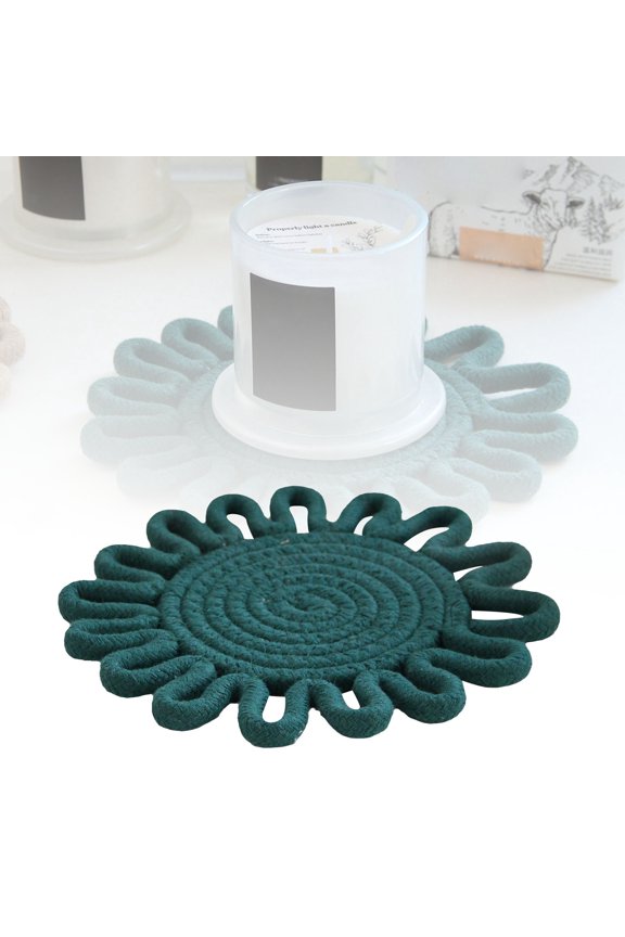 Weaving Heat Thermal Pad for Everyday Kitchen Use Flower Shape Dining Rope Handmade Pot Mat Crafted for Daily Necessities, 9.4 inch, Green