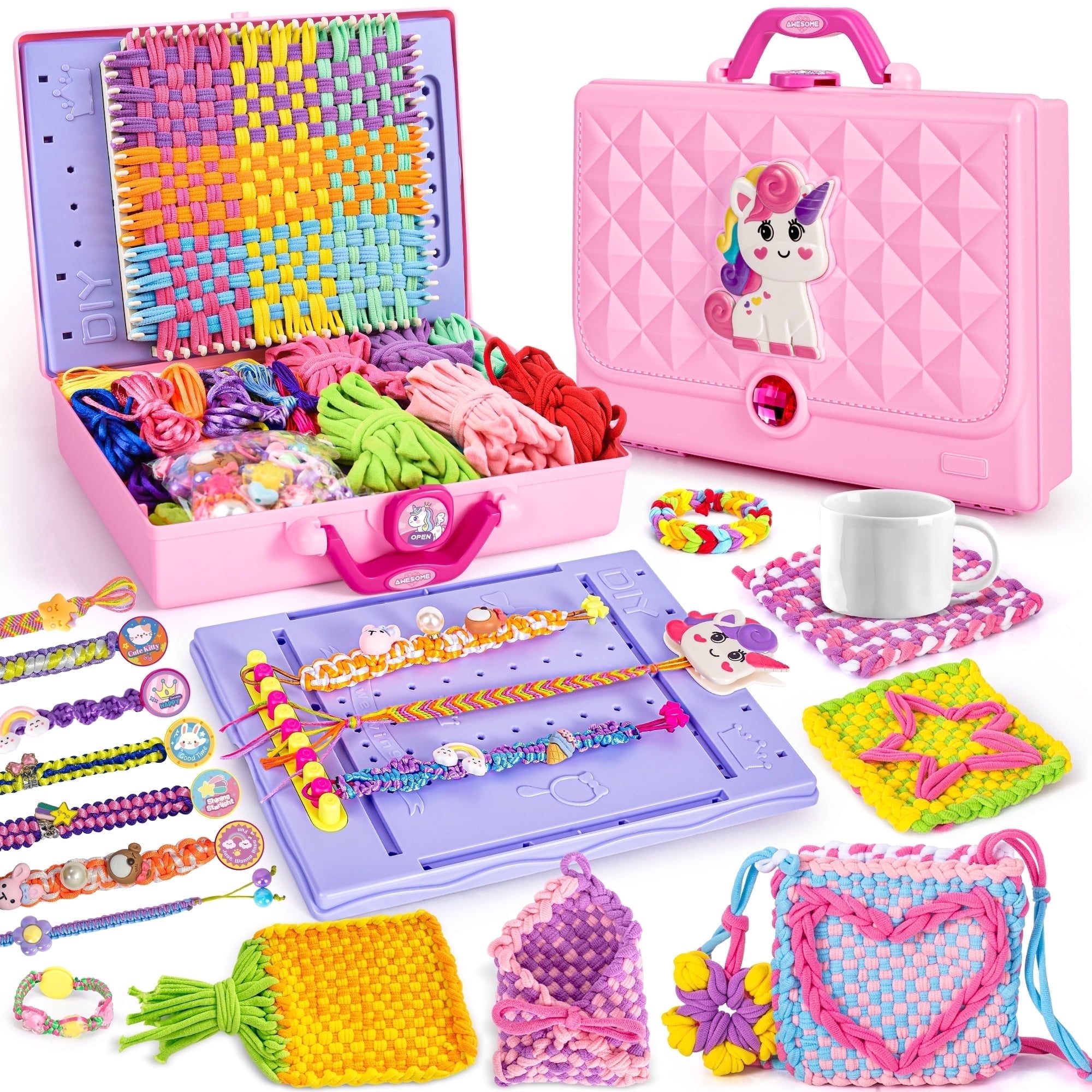 Unicorn 2-in-1 Friendship Bracelet Kit, Weaving Loom Toy for Kids, Crafts Kit for Girls age 6-12, Knitting Activity DIY Toys Birthday Gift for Girls Ages 6 to 12
