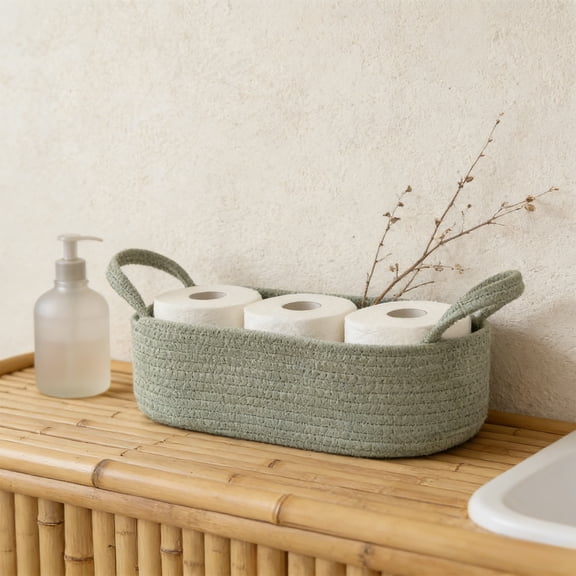 Weaving Storage Basket for Toilet Water Tank Top,Decorative Organizer for Bathroom Counters and Tables,Versatile Woven Storage Solution for Towels,Vases,Planters and Bathroom Essentials-Green