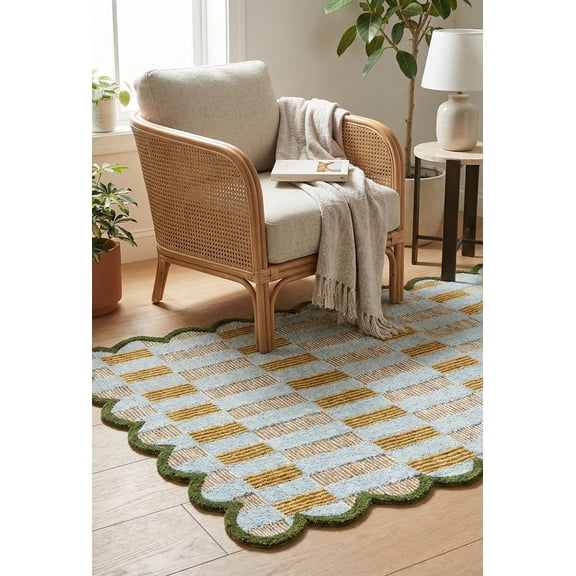 Weaving Village Hand Tufted Wool Rug with Scalloped Edges, Light Blue Plaid Pattern, Soft Area Rug for Living Room, Bedroom, and Nursery, Handmade Modern Accent Rug, Meadow Sky, 2'6"x8'