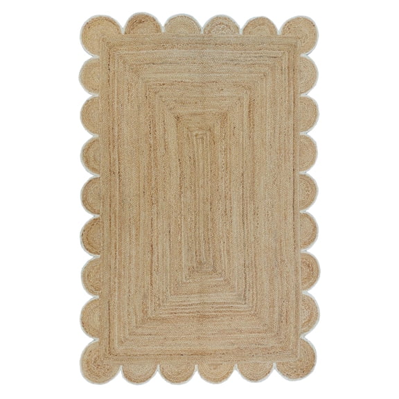 Weaving Village Scalloped Natural Jute Area Rug, Off White Color Trim, Size 4'x6'