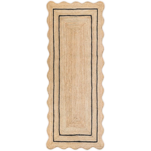 Weaving Village Wave Scalloped Natural Jute Rug Boho Jute Rug Entryway Runner Rug Farmhouse Scallop Rug, Black (2'6"x18')