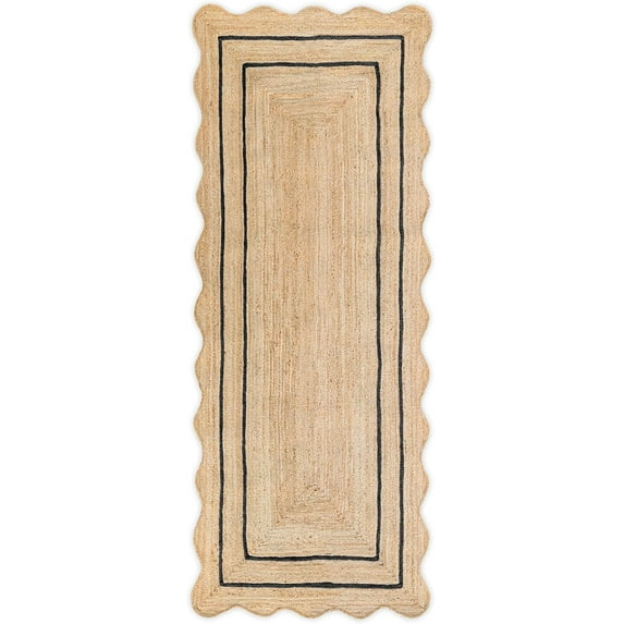 Weaving Village Wave Scalloped Natural Jute Rug Boho Jute Rug Entryway Runner Rug Farmhouse Scallop Rug, Black (2'x12')