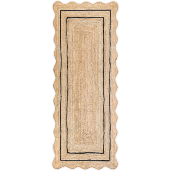 Weaving Village Wave Scalloped Natural Jute Rug Boho Jute Rug Entryway Runner Rug Farmhouse Scallop Rug, Black (2'x8')