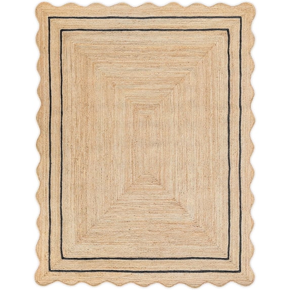 Weaving Village Wave Scalloped Natural Jute Rug Boho Jute Rug Entryway Runner Rug Farmhouse Scallop Rug, Black (9'x12')