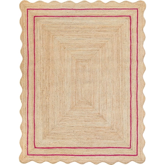 Weaving Village Wave Scalloped Natural Jute Rug Boho Jute Rug Entryway Runner Rug Farmhouse Scallop Rug, Dark Pink (10'x14')