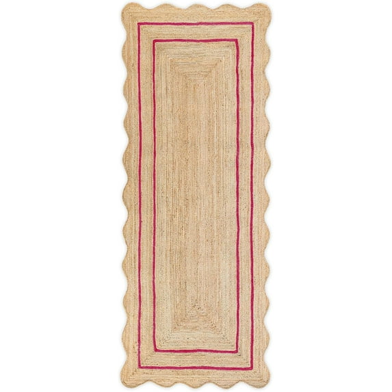 Weaving Village Wave Scalloped Natural Jute Rug Boho Jute Rug Entryway Runner Rug Farmhouse Scallop Rug, Dark Pink (2'6"x10')