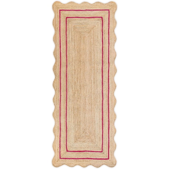 Weaving Village Wave Scalloped Natural Jute Rug Boho Jute Rug Entryway Runner Rug Farmhouse Scallop Rug, Dark Pink (2'6"x14')