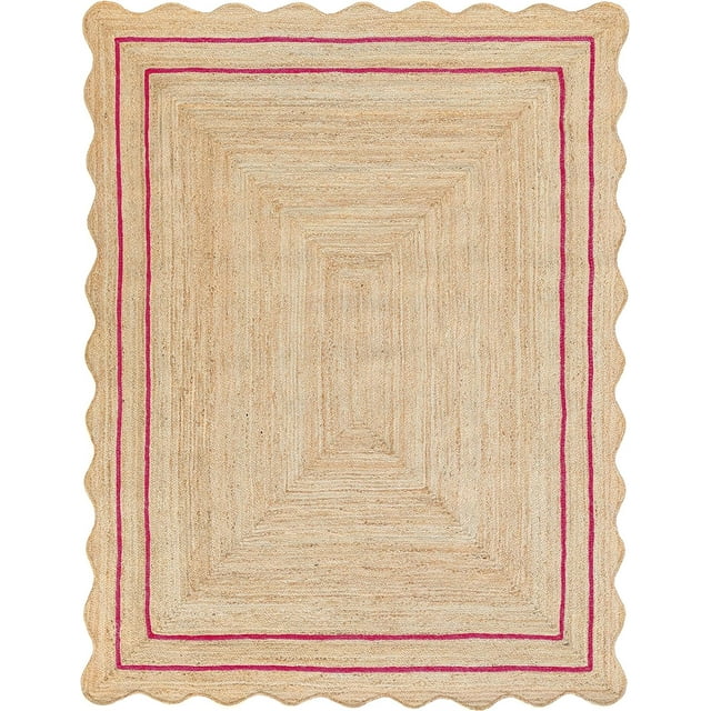 Weaving Village Wave Scalloped Natural Jute Rug Boho Jute Rug Entryway Runner Rug Farmhouse Scallop Rug, Dark Pink (2'x3')