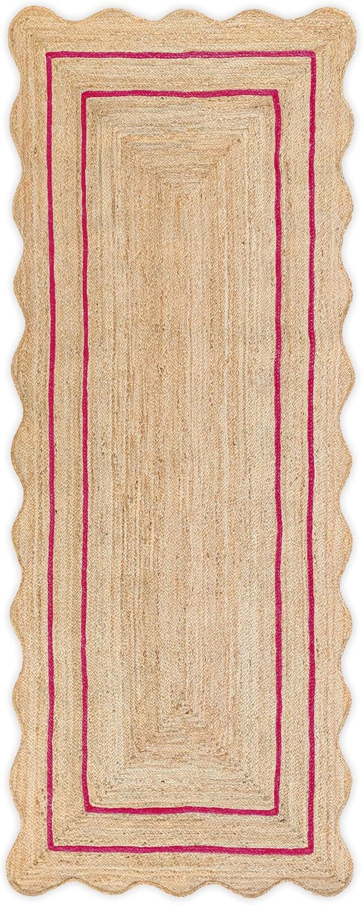 Weaving Village Wave Scalloped Natural Jute Rug Boho Jute Rug Entryway Runner Rug Farmhouse Scallop Rug, Dark Pink (2'x8')