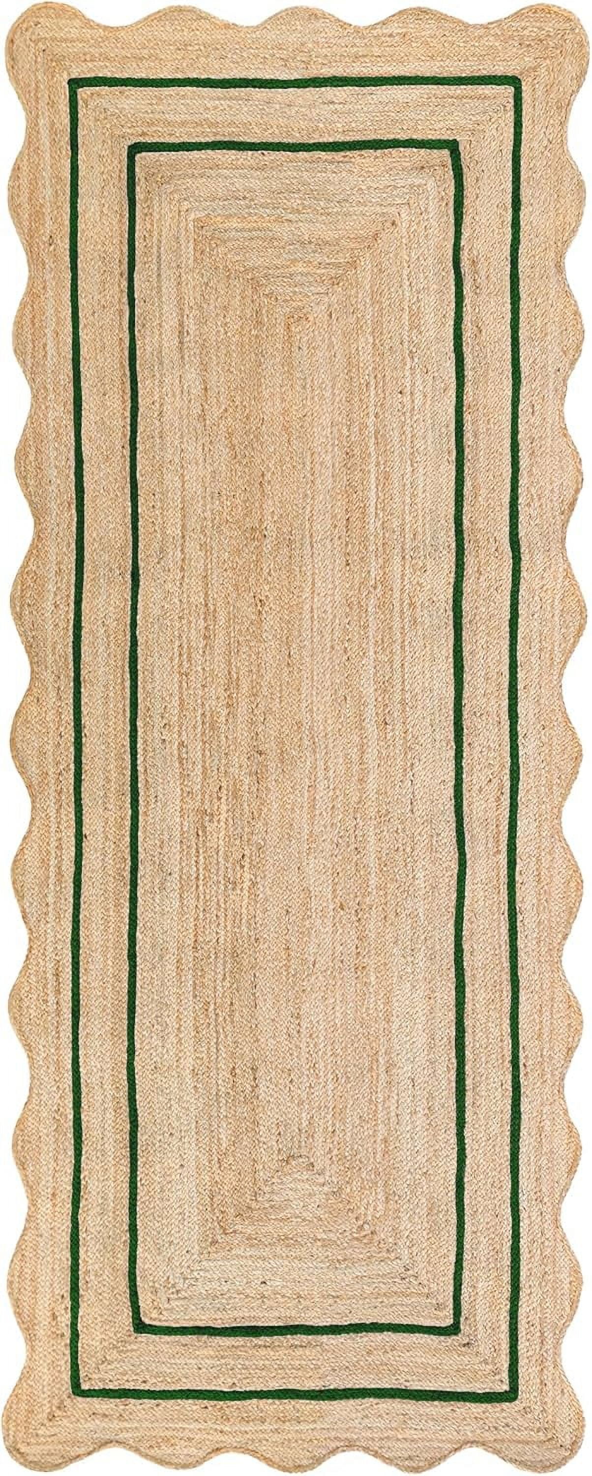 Weaving Village Wave Scalloped Natural Jute Rug Boho Jute Rug Entryway Runner Rug Farmhouse Scallop Rug, Green (2'6"x12')