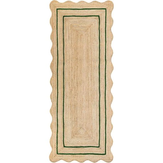Weaving Village Wave Scalloped Natural Jute Rug Boho Jute Rug Entryway Runner Rug Farmhouse Scallop Rug, Green (2'x12')