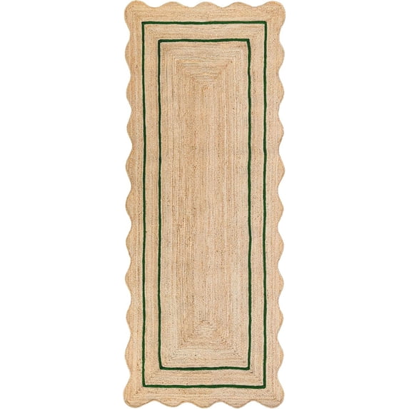 Weaving Village Wave Scalloped Natural Jute Rug Boho Jute Rug Entryway Runner Rug Farmhouse Scallop Rug, Green (2'x6')