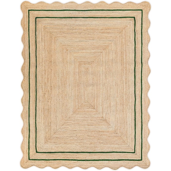Weaving Village Wave Scalloped Natural Jute Rug Boho Jute Rug Entryway Runner Rug Farmhouse Scallop Rug, Green (9'x12')