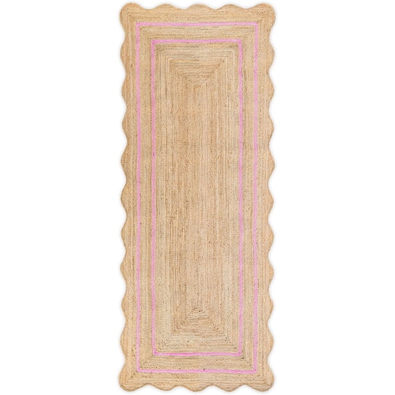 Weaving Village Wave Scalloped Natural Jute Rug Boho Jute Rug Entryway Runner Rug Farmhouse Scallop Rug, Light Pink (2'6"x10')
