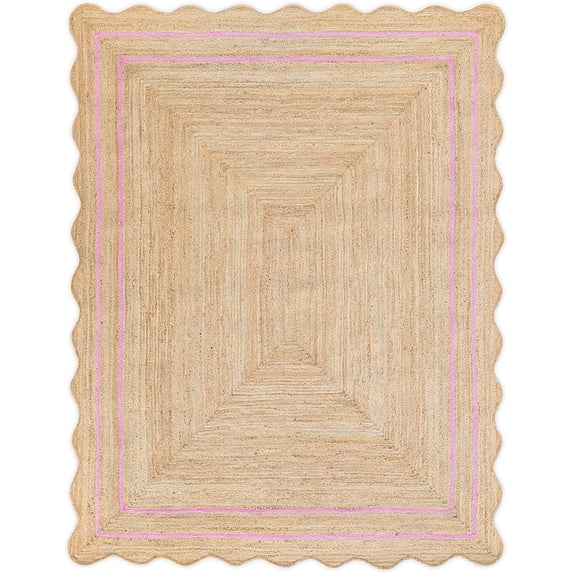 Weaving Village Wave Scalloped Natural Jute Rug Boho Jute Rug Entryway Runner Rug Farmhouse Scallop Rug, Light Pink (5'x8')