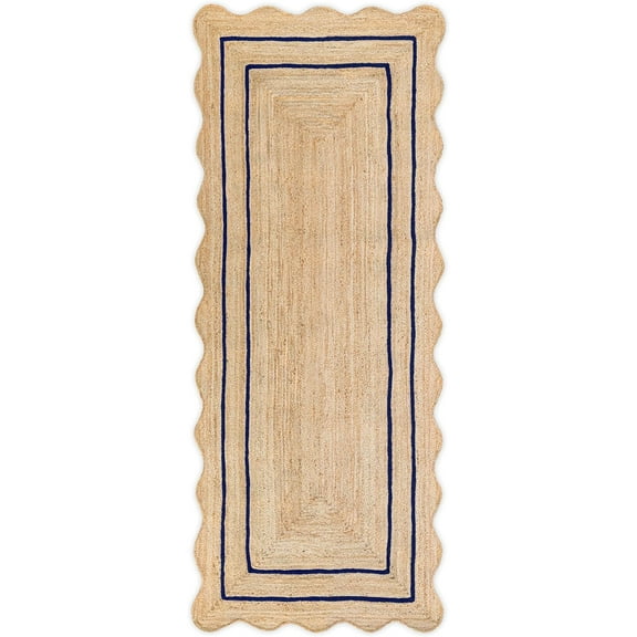 Weaving Village Wave Scalloped Natural Jute Rug Boho Jute Rug Entryway Runner Rug Farmhouse Scallop Rug, Navy (2'6"x10')