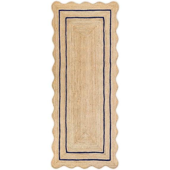 Weaving Village Wave Scalloped Natural Jute Rug Boho Jute Rug Entryway Runner Rug Farmhouse Scallop Rug, Navy (2'6"x18')