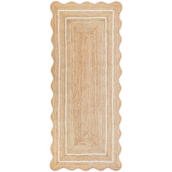 Weaving Village Wave Scalloped Natural Jute Rug Boho Jute Rug Entryway Runner Rug Farmhouse Scallop Rug, Off White (2'6"x12')