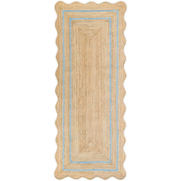 Weaving Village Wave Scalloped Natural Jute Rug Boho Jute Rug Entryway Runner Rug Farmhouse Scallop Rug, Sky Blue (2'6"x20')