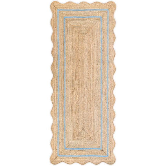 Weaving Village Wave Scalloped Natural Jute Rug Boho Jute Rug Entryway Runner Rug Farmhouse Scallop Rug, Sky Blue (2'x6')