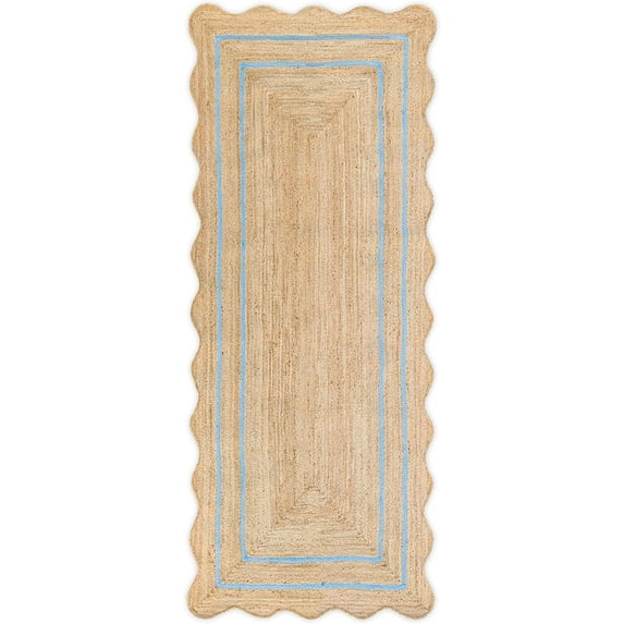 Weaving Village Wave Scalloped Natural Jute Rug Boho Jute Rug Entryway Runner Rug Farmhouse Scallop Rug, Sky Blue (2'x8')