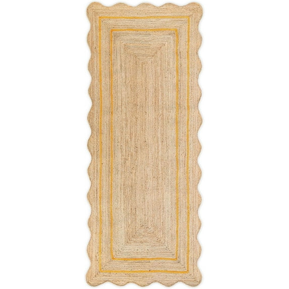 Weaving Village Wave Scalloped Natural Jute Rug Boho Jute Rug Entryway Runner Rug Farmhouse Scallop Rug, Yellow (2'6"x10')