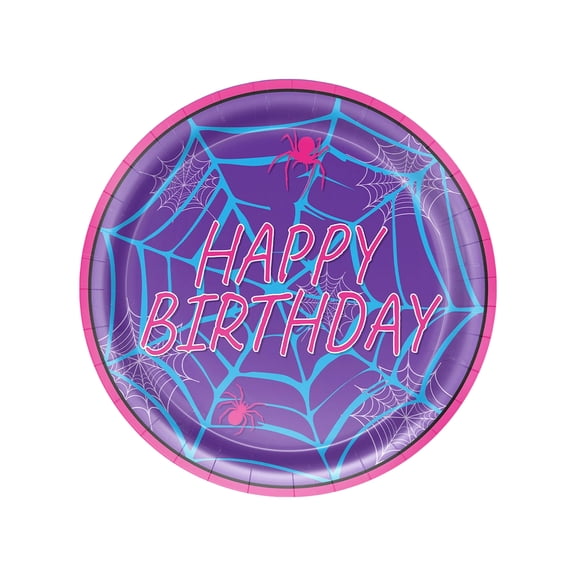 Web, 9inDiameter, Pink Birthday Plates, Birthday Party Supplies, Disposable Party Plates, Pink Happy Birthday Decorations, Purple Blue Design, 10 Pc