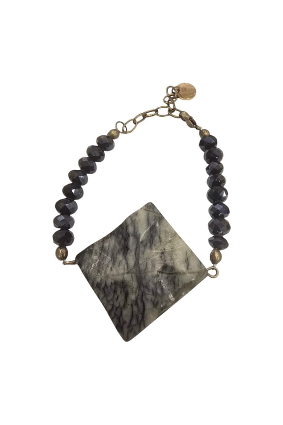 Web Agate Stone Bracelet with Black Crystals and Gold Clasp | Unique Handmade Jewelry