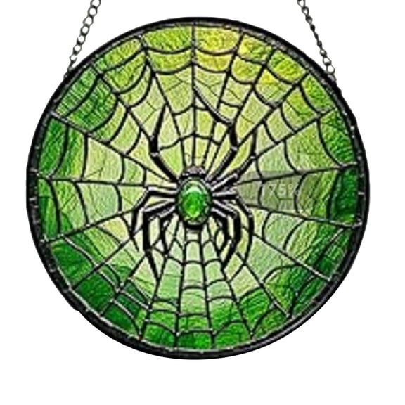 Web Decoration Stained Acrylic Suncatcher 6 Inch Gothic Green Hanging Ornament for Halloween Home Window Wall Decor 1 Pack