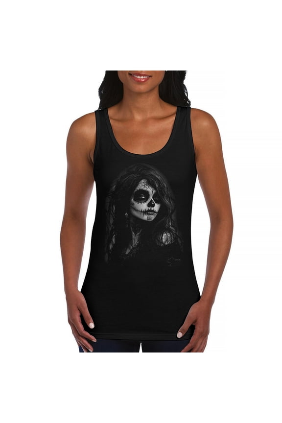 Web Sugar Skull Women's Tank Top Black White Monochrome Gothic Beauty Elegant Day of the Dead Dia de Los Muertos