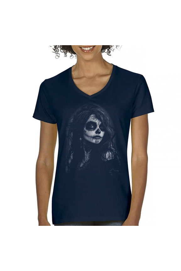 Web Sugar Skull Women's V-Neck T-shirt Black White Monochrome Gothic Beauty Elegant Day of the Dead Dia de Los Muertos Tee