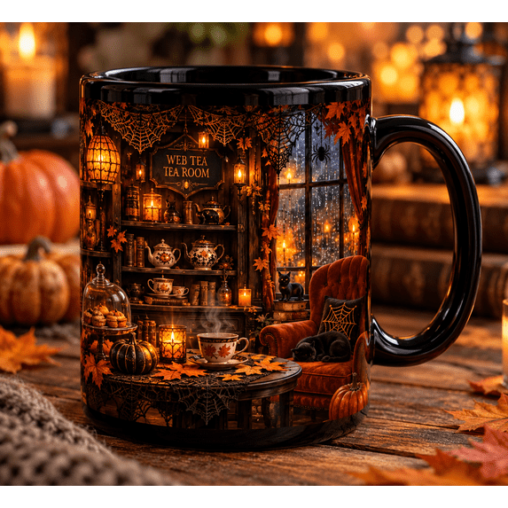 Web Tech Mug Web Tea Room Halloween Mug, 15oz Full Black Coffee Cup, Spiderweb Tea ...