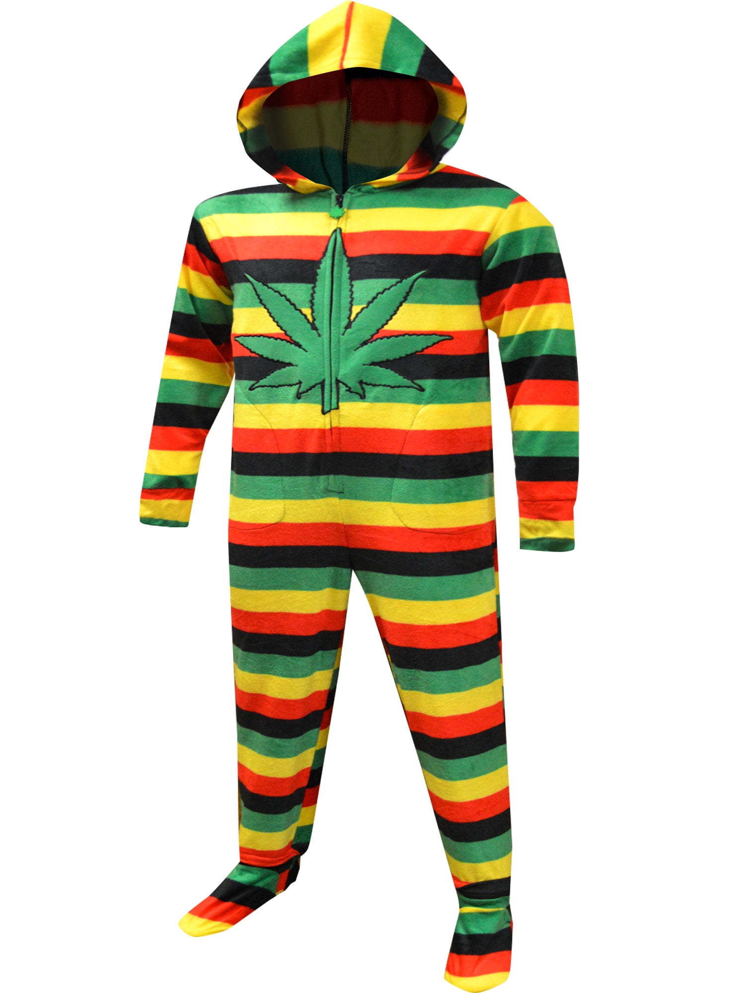 WebUndies Mens Weedman Route 420 Pot Rasta Stripe Footed Hooded Onesie Pajamas Medium