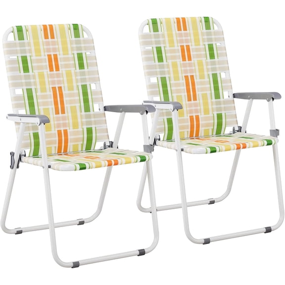 Webbed Lawn Chairs Set of 2, Foldable Metal Patio Chairs Stable Steel Outdoor Chair for Camping, Fishing, Beach, Poolside, Backyard and BBQ, Rainbow, 21 IN
