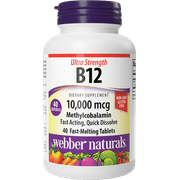 Webber Naturals Vitamin B12 10,000 mcg, Ultra Strength, 40 Count, Fast Dissolve Tablets, Vitamin Supplement Support for Energy Metabolism, Immune and Heart Health, Vegan Formula