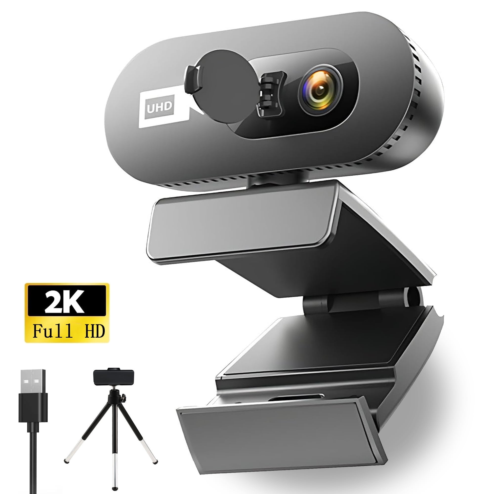 Webcam for Desktop, 2K Webcam with Microphone, Computer Webcam with Privacy Cover&Webcam Tripod for Computer/Laptop/Desktop/Video Calling, Auto Focused and Noise Cancelling Microphones