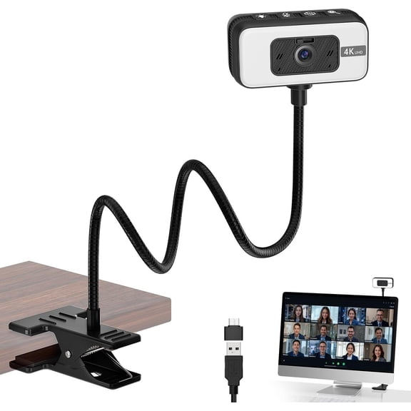 Webcam for PC, 4K Streaming Camera with Light, Web Camera for Desktop/Laptop Webcam with Microphone, Plug and Play USB Web Cam with Bracket, for Live Streaming, Video Calls, and Meetings