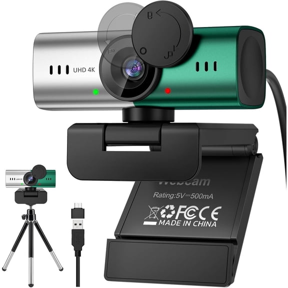 Webcam for PC, 4K Streaming Camera, Web Camera for Desktop/Laptop Webcam with Microphone, Plug and Play USB Web Cam, alloy casing, for Live Streaming, Video Calls ( green)