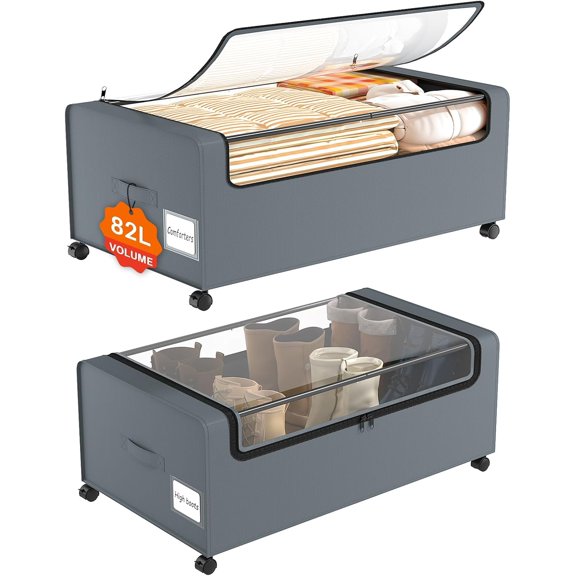 Webe 12 Inch Under The Bed Storage Bins With Clear Lid, Under Bed Storage Containers With Wheels
