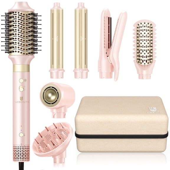 Webeauty Hair Dryer Brush Dual Voltage 7-in-1 Hot Air Styler, Fast-Drying Ionic Blow Dryer with Straightener & Curler Attachments, Frizz-Free Volumizing Styler with Protective Hard Case