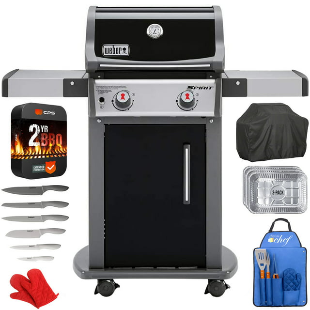 Weber 46110001 Spirit E-210 2-Burner Liquid Propane Grill, Black Bundle with 2 YR CPS Enhanced Protection Pack, Grill Cover, 3x Aluminum Drip Pans, 12pc Knife Set, 3pc BBQ Tool Set & Oven Mitts