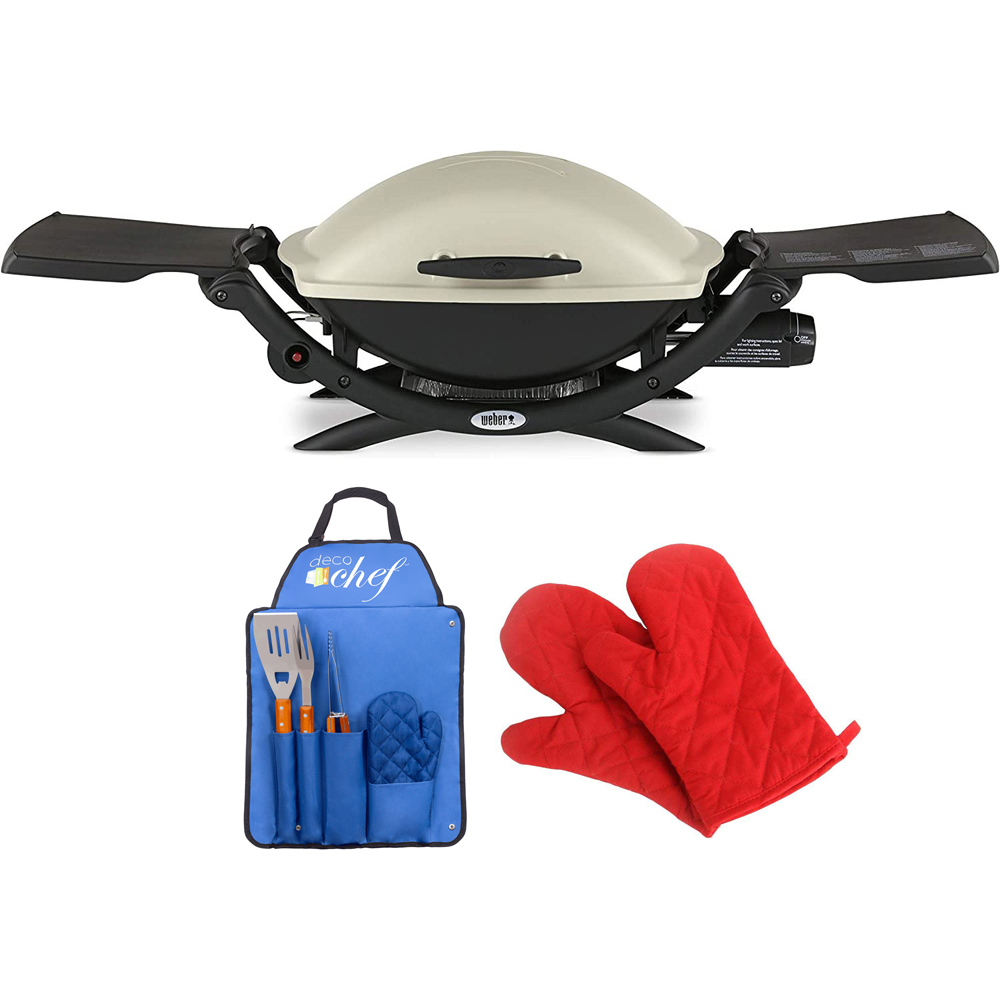 Weber 53060001 Q 2000 Portable Gas Grill Liquid Propane Titanium Bundle with Deco Essentials 3 Piece BBQ Tool Set with Custom Blue Apron, Spatula, Tongs, Fork and Oven Mitt and Pair of Red Oven Mitt - image 1 of 11