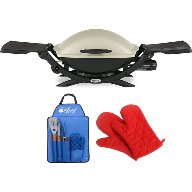 Weber 53060001 Q 2000 Portable Gas Grill Liquid Propane Titanium Bundle with Deco Essentials 3 Piece BBQ Tool Set with Custom Blue Apron, Spatula, Tongs, Fork and Oven Mitt and Pair of Red Oven Mitt