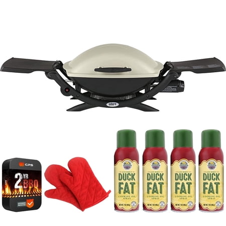 Weber 53060001 Q 2000 Portable Gas Grill, Liquid Propane, Titanium Bundle with Pair of Red Heat Resistant Oven Mitt, 4x Duck Fat Spray Cooking Oil and 2 YR CPS Enhanced Protection Pack