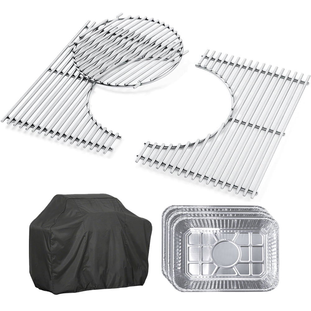 Weber 7586 Gourmet Barbeque System Spirit 300 Series Stainless Steel Grates Bundle with Generic Aluminum Drip Pans Set of 3 and Grill Cover Barbecue Waterproof Outdoor Protection