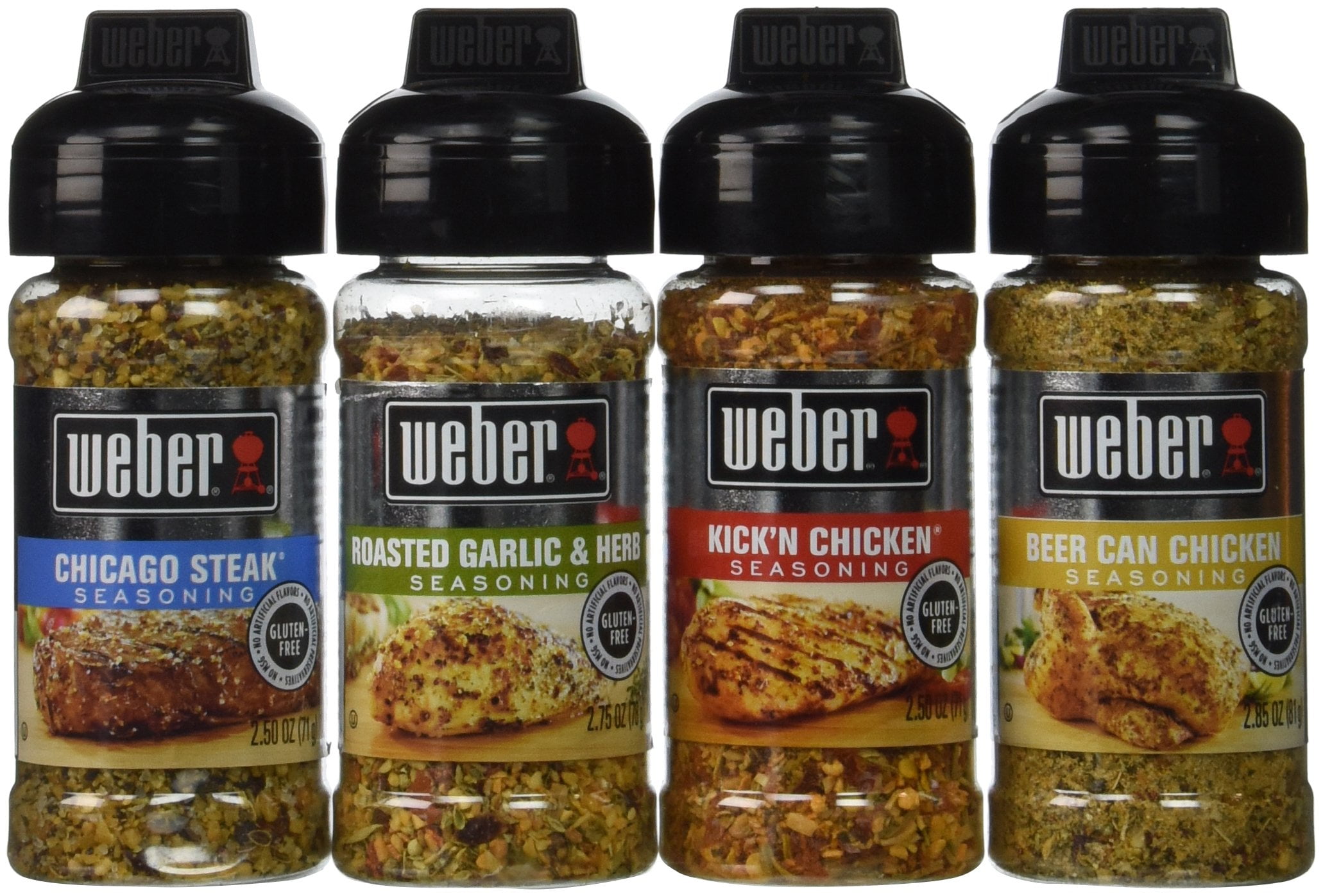 Weber Seasoning Variety 4 Flavor Pack 2.5-2.75 Ounce (Chicago Steak, Roasted Garlic And Herb, Kick,N Chicken, Beer Can Chicken)