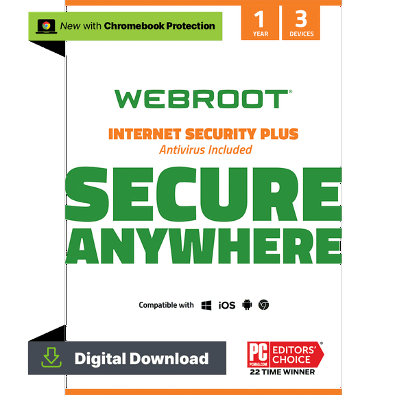 Webroot Internet Security Plus with Antivirus Protection for 3 Devices, 1-Year Subscription – Windows/Chrome/MacOS/Android/Apple iOS [Digital Download]